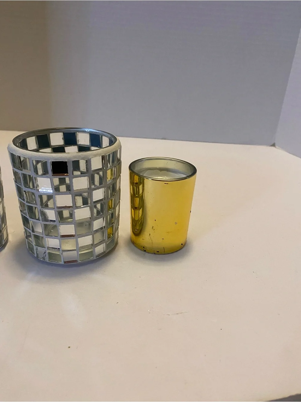 Silver Mirror Mosaic Votive Glass Candle Holder With Gold Insert Set Of 2